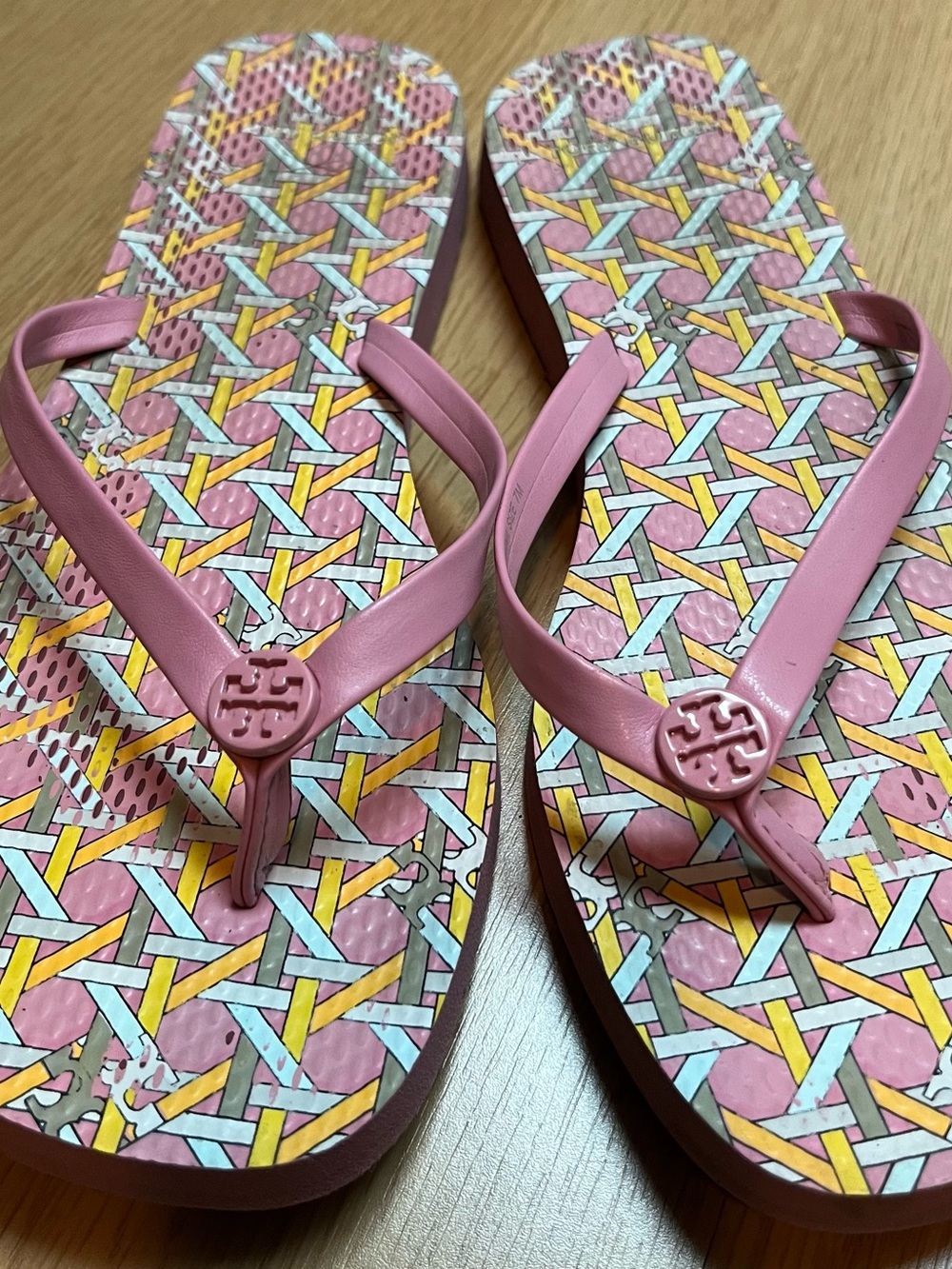 Tory Burch Pink Logo Flip Flop Sandals with Multicolor Printed Footbed